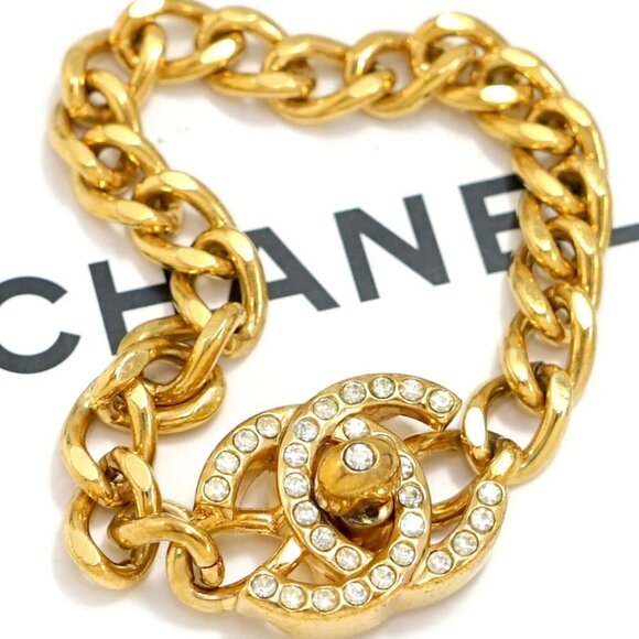 CHANEL CC Logo Turnlock Rhinestone Bracelet 6.3" Gold Tone 96A Auth g1131 - Picture 1 of 8
